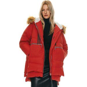Women's Dark Red Faux Fur Trim Clothing Down Vest Jacket Warm Fleece Lined Hood